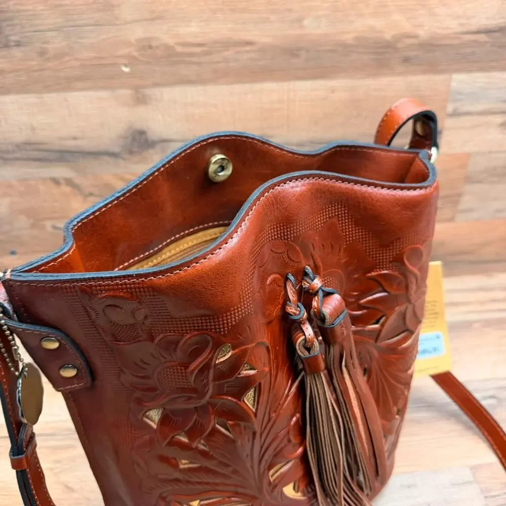 Patricia Nash Leather Accadia Bucket Drawstring Crossbody Bag Tan Cutout